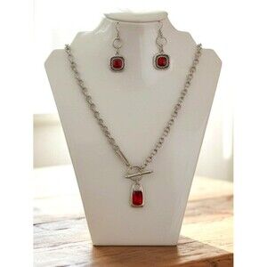 Avens‎ Turkish Antique Silver-Tone Necklace and Earrings Set with Red Stones